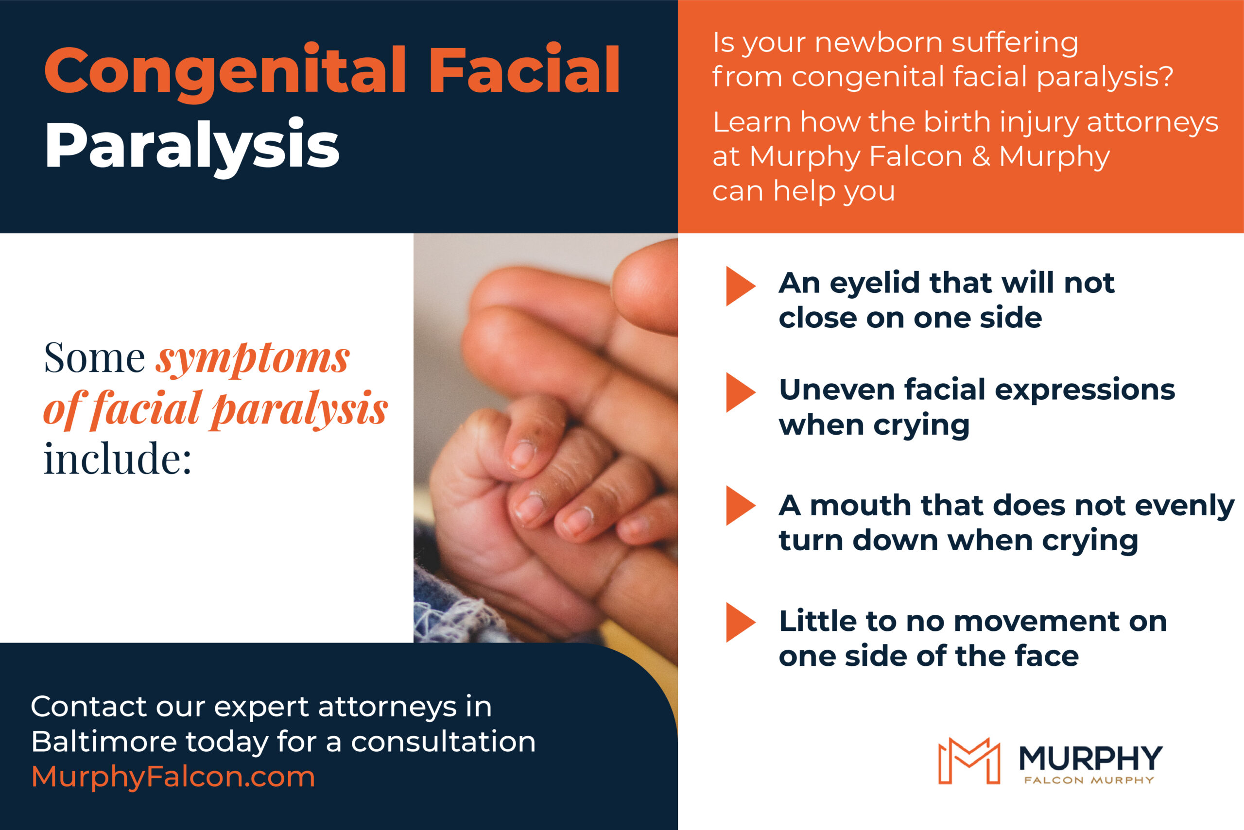 An Infographic outlining the symptoms of facial paralysis of a newborn.