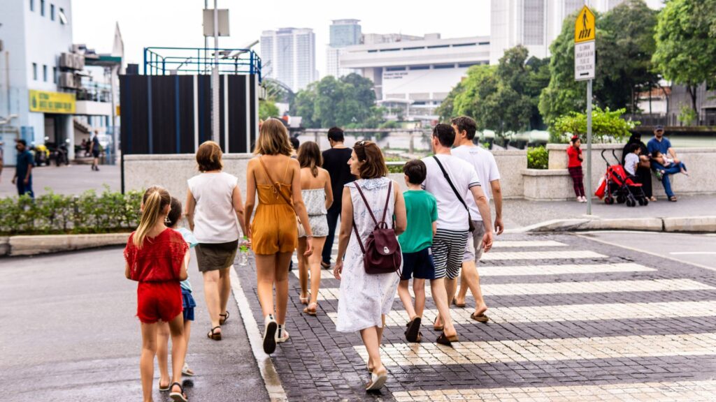 People crossing a crosswalk.