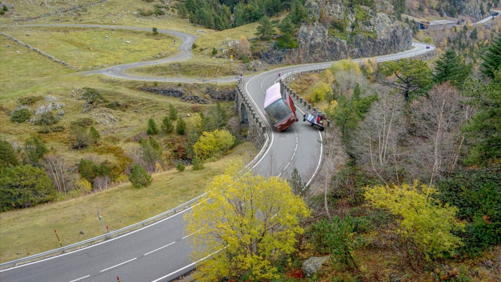 A bus cash on a rural road.