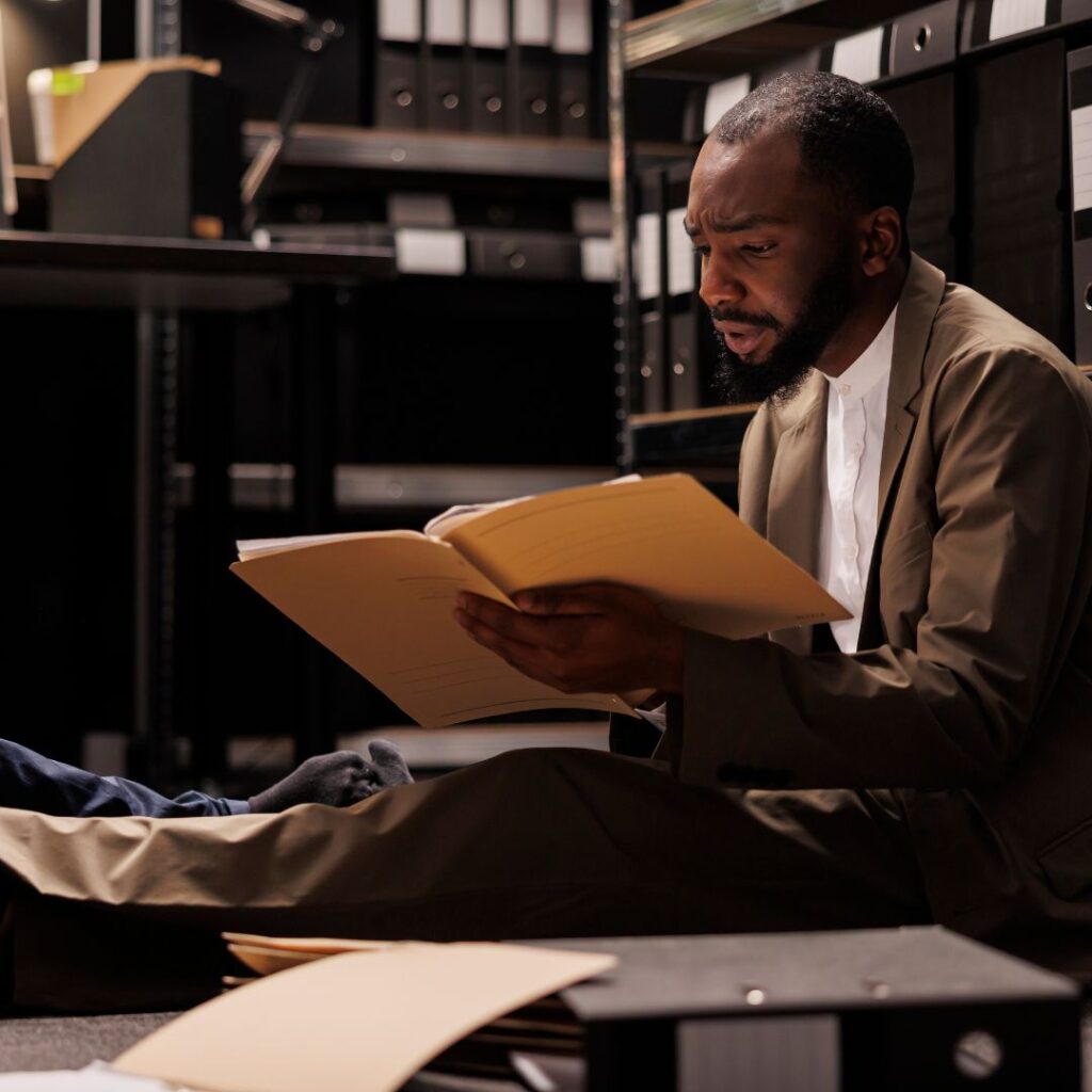 photo of man reading police reports