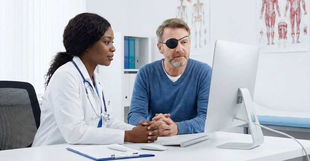 doctor with man with eye patch