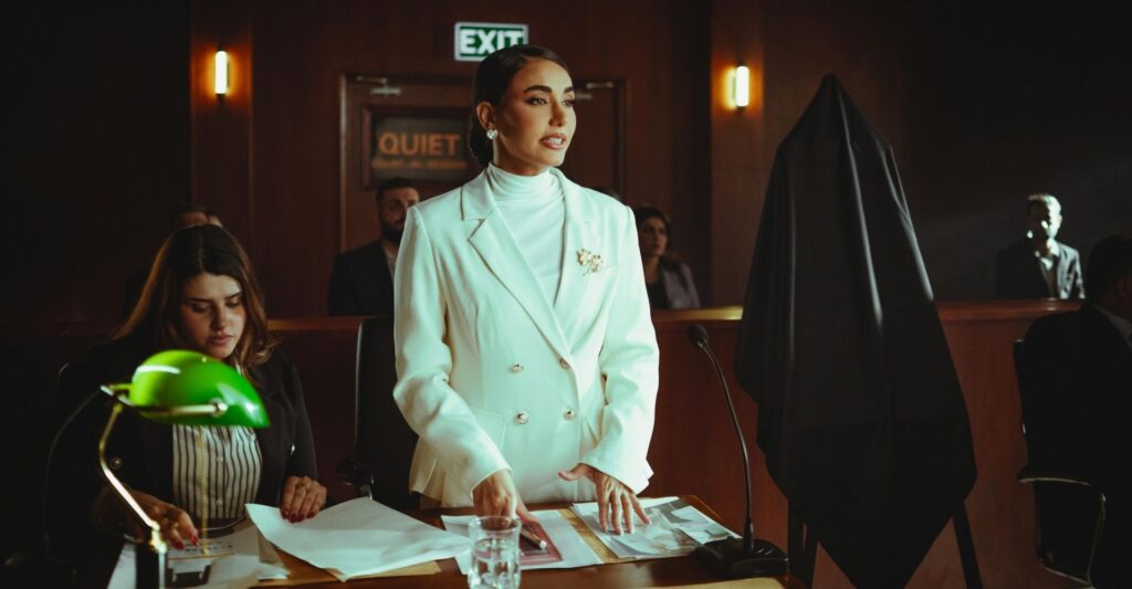 lawyer presenting defense during court case