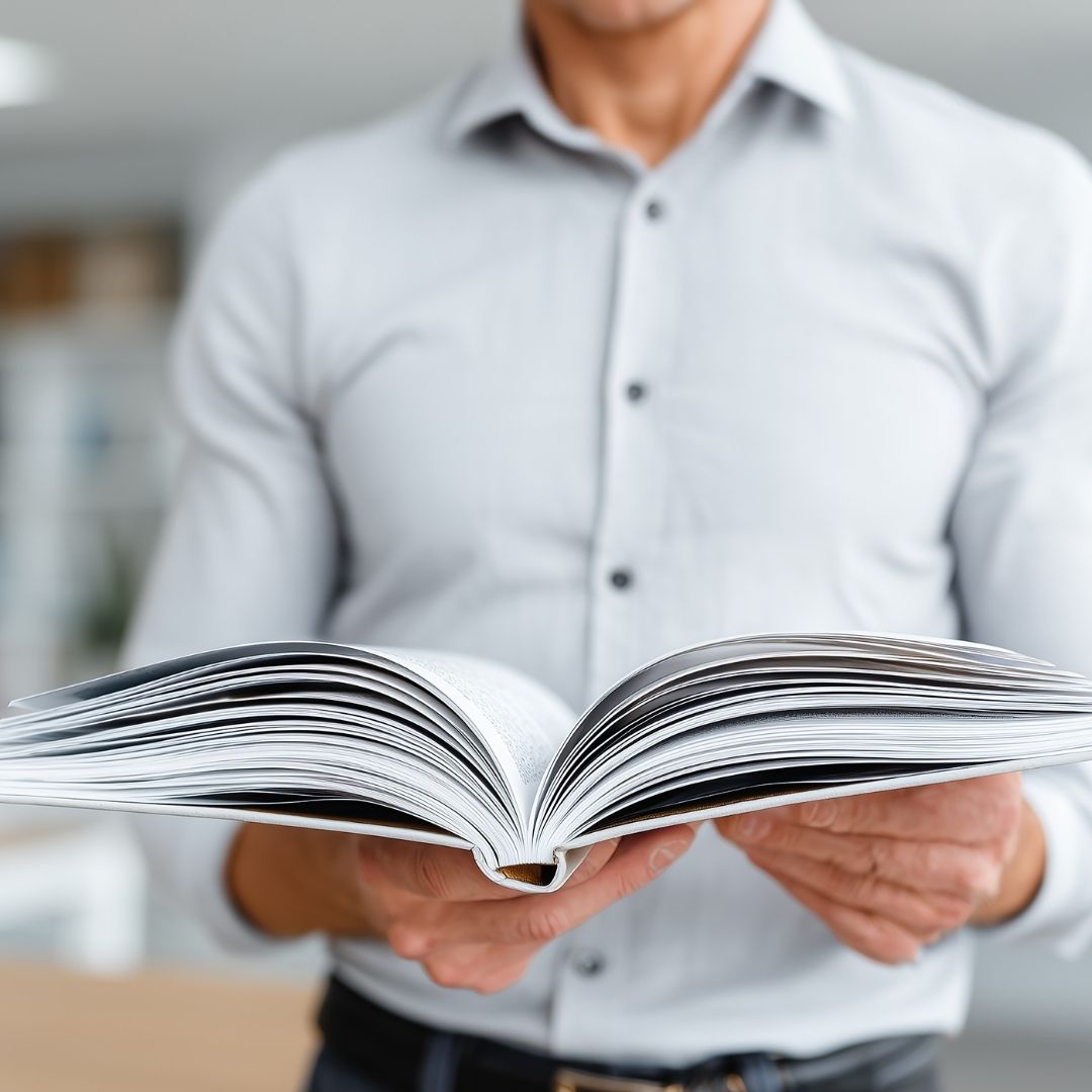 man holding open training manual