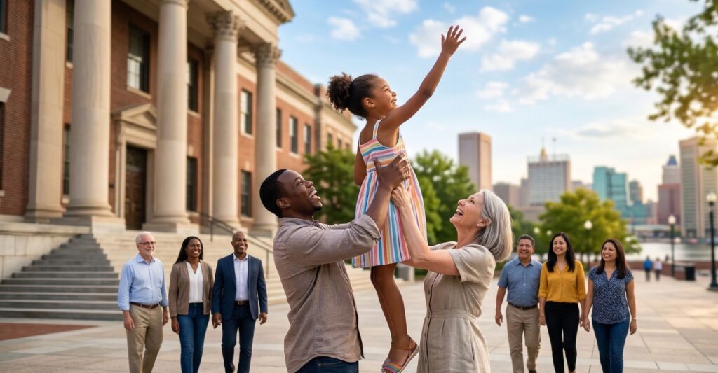 family holding girl up