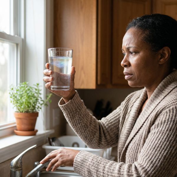 woman staring at water glass
