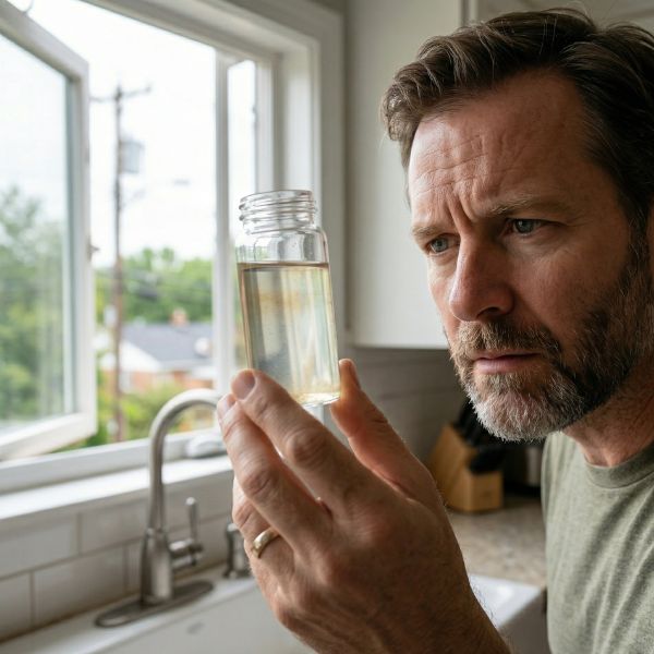 man looking at water in a jar