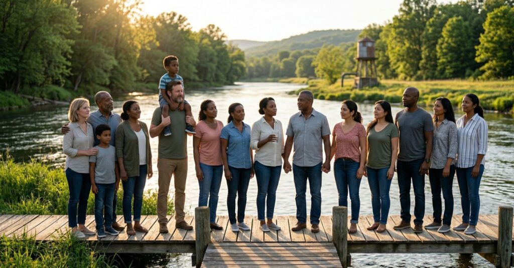 people standing by river