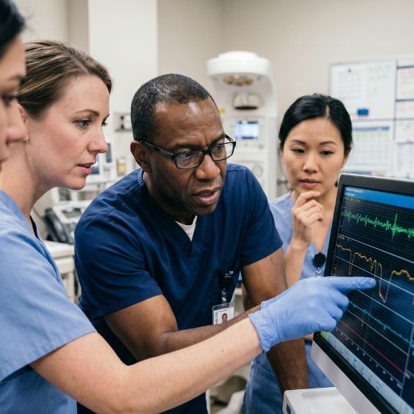 hospital team looking at monitor