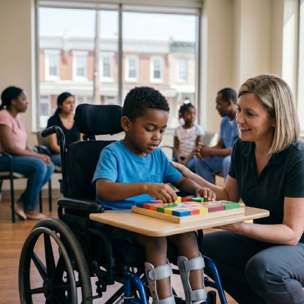 woman with boy in wheelchair