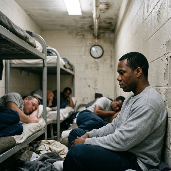 man in overcrowded correctional facility