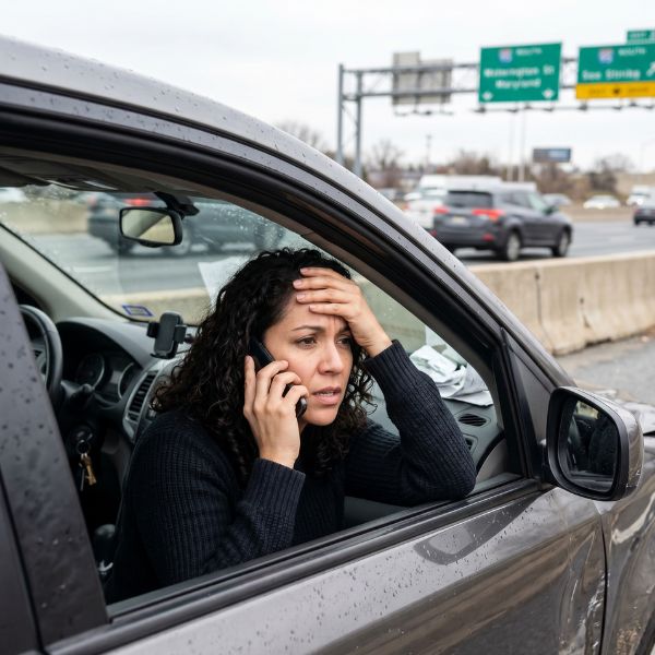 woman sitting in car on phone