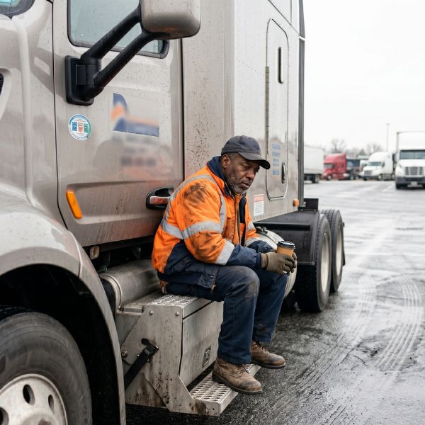 truck driver sitting by truck