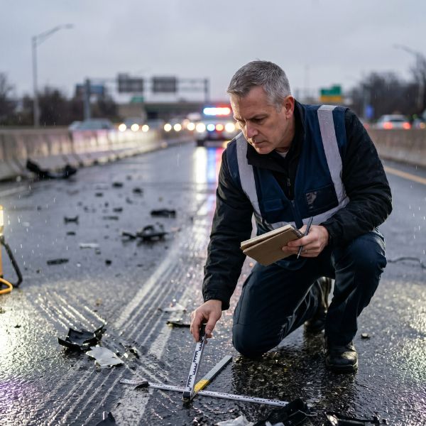 man investigating car accident