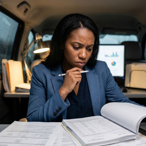 woman looking at notes