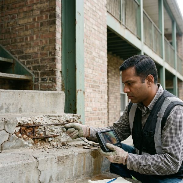 man inspecting steps